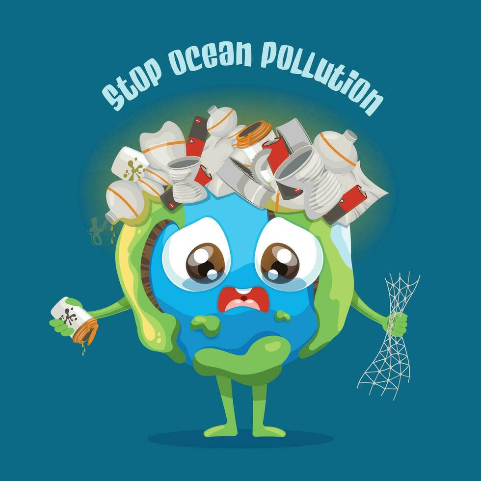 Cute planet earth character. Stop ocean pollution. Cartoon planet. Earth Day card vector illustration. Save the planet concept. World map globe face emoji. Plastic waste. Vector illustration