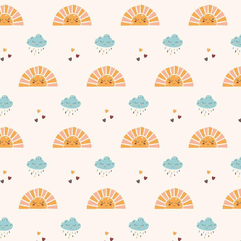 Cute sky nursery pattern with sun and clouds. vector