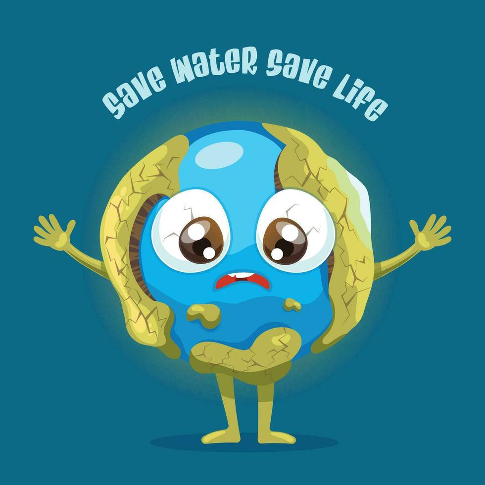 Cute planet earth character. Cartoon planet. Earth Day card vector illustration. Save the planet concept. World map globe face emoji. Save water save life. Vector illustration