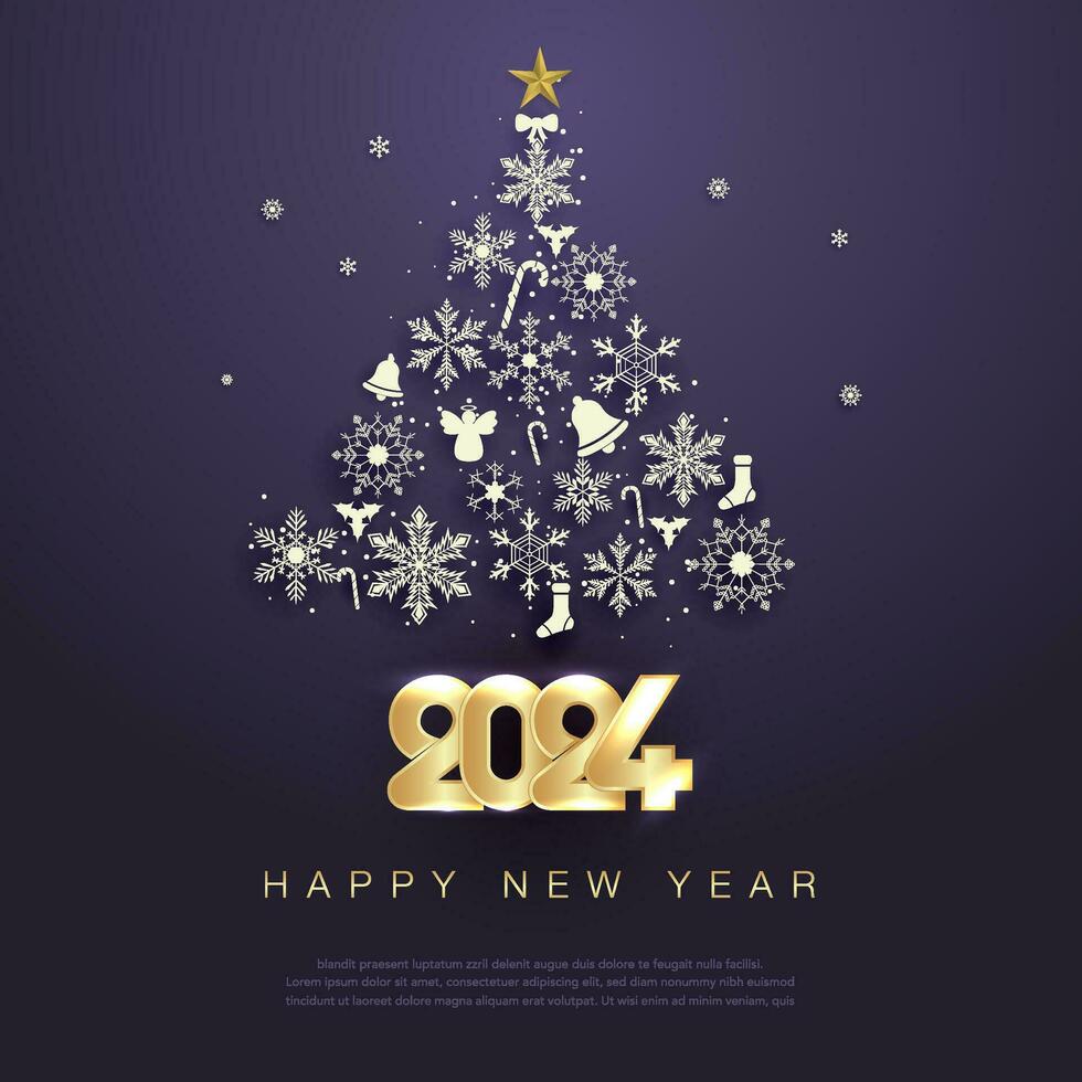 Christmas tree, Happy New Year 2024,Golden numbers vector