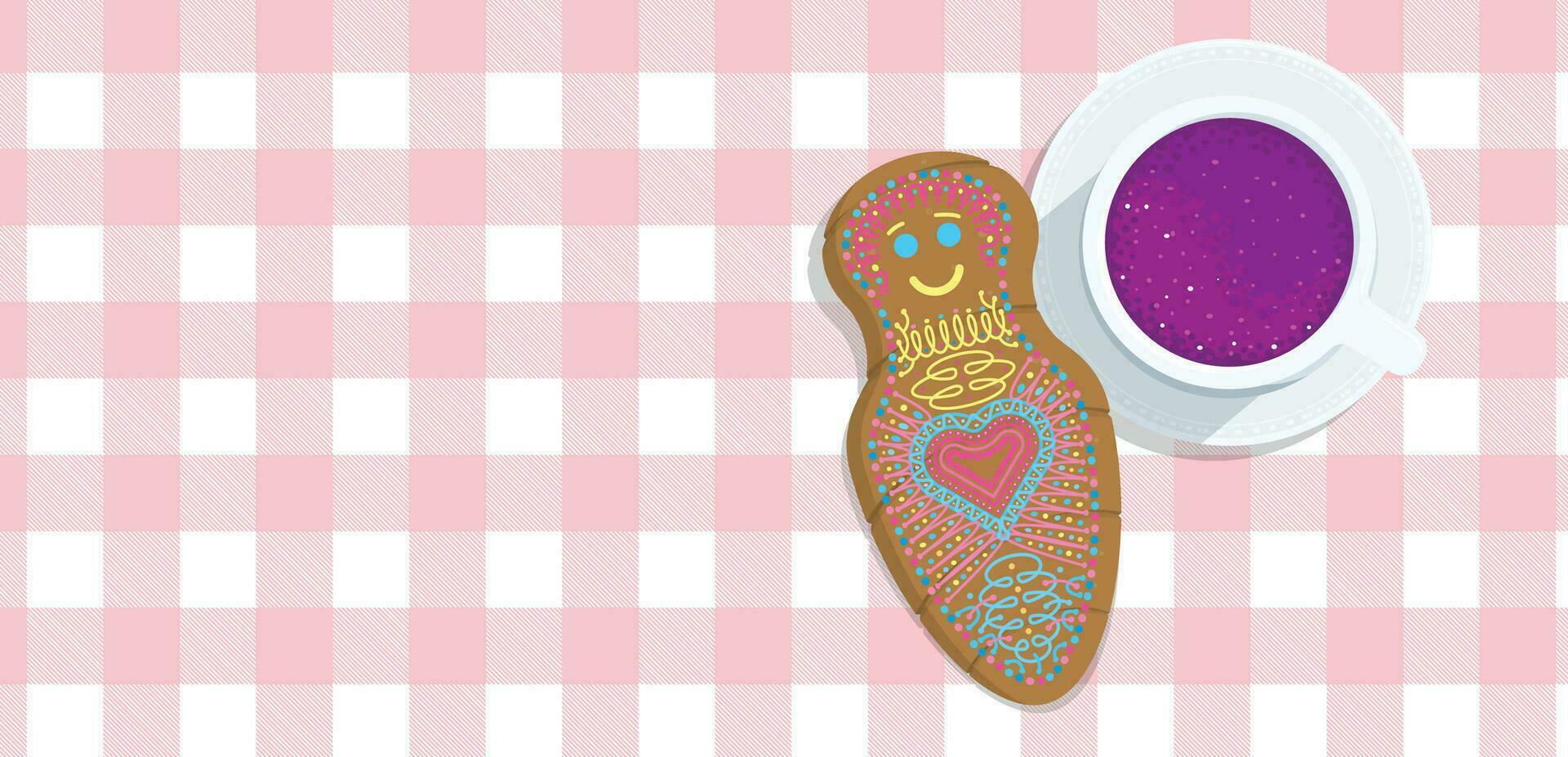 Guaguas de pan - Bread doll decorated with color lines in Spanish language - Top view of 3 different decorated breads on a yellow oval tablecloth with pink border vector