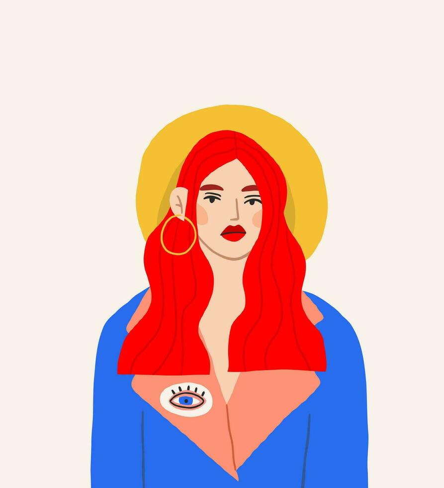 hermosa retrato de rojo pelo mujer en de moda hipster ropa. rojo lápiz labial, amarillo sombrero, ojo parche vector