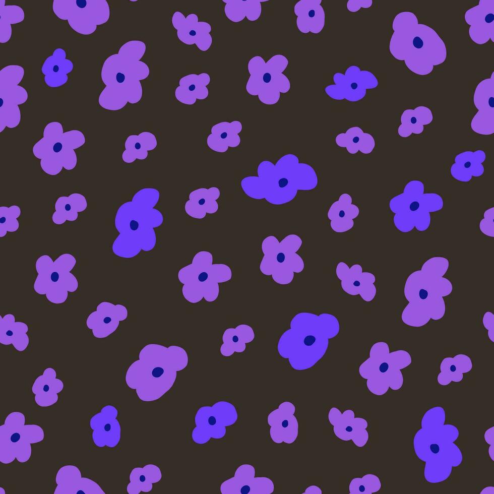 Vector seamless pattern with neon violet hand drawn flowers on dark background. Doodle neon flowers pattern.