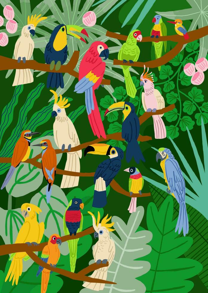 Vertical poster with jungles and colorful parrots. Tropical jungle with exotic parrots vector