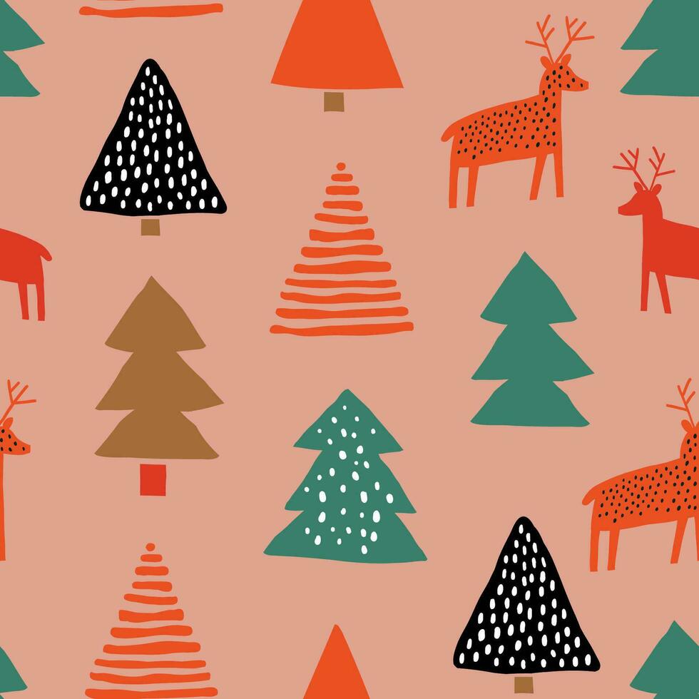 Christmas trees, reindeers pattern on pink background. Hand drawn Christmas pattern in cut out style vector