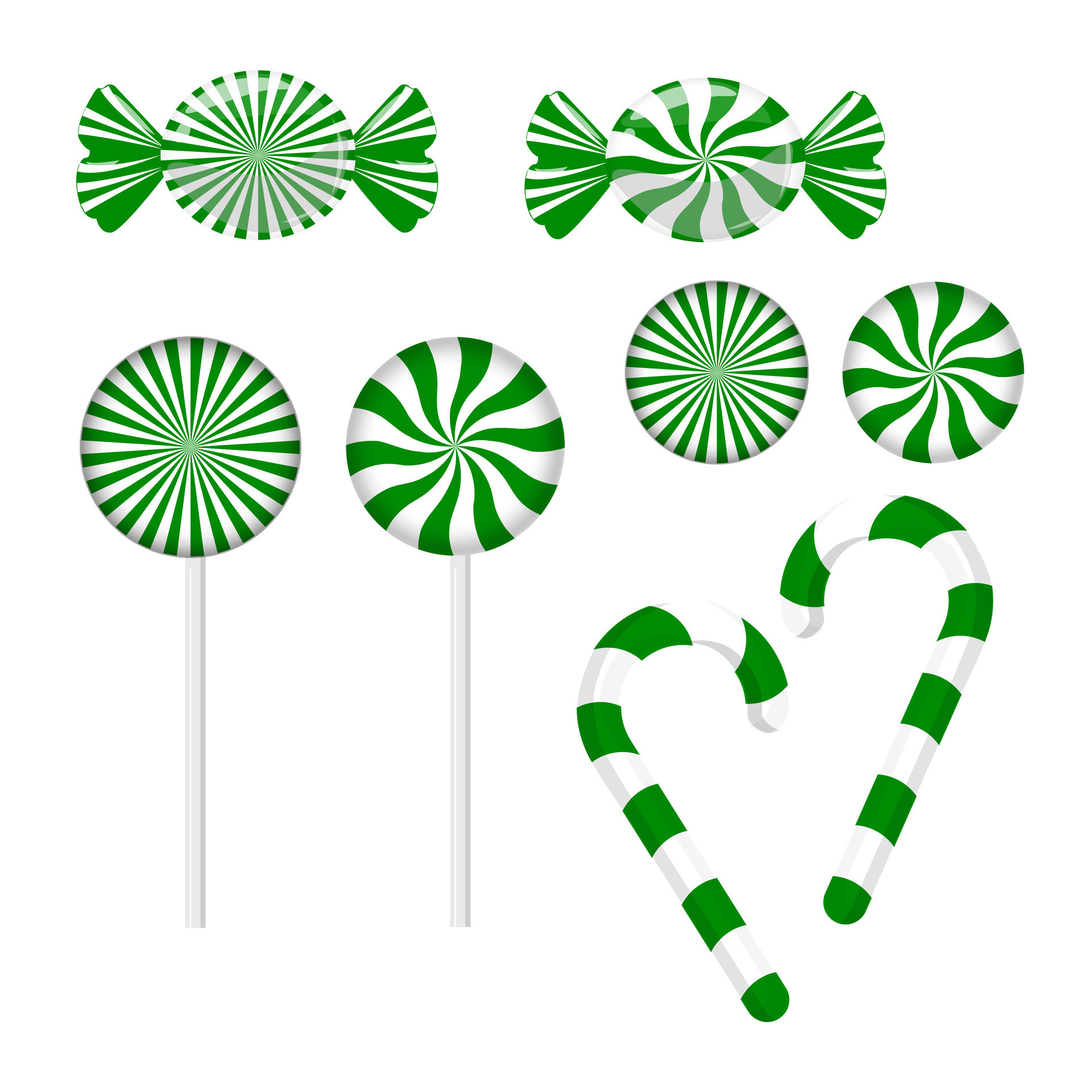 Green striped candy set. Candy cane, lollipop, candies in wrapper