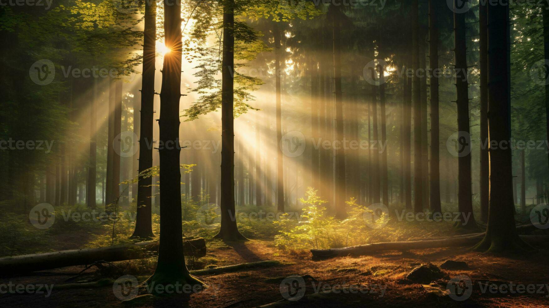 un pacífico bosque claro con rayos de sol brillante a través de. ai generativo foto