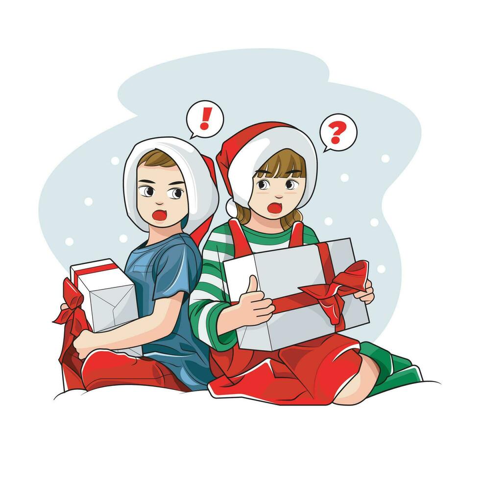 Pleasant surprise concept illustration. Happy little children holding gift boxes for christmas. Vector illustration