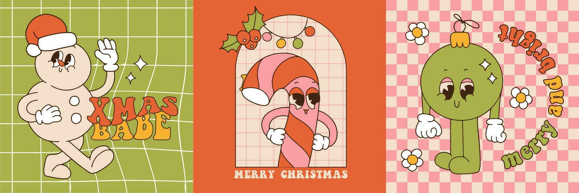 Merry Christmas groovy greeting cards set. Snowman, candy cane and xmas tree ball characters in trendy retro cartoon style. Square, posters, prints, party invitations template with cozy text. Vector