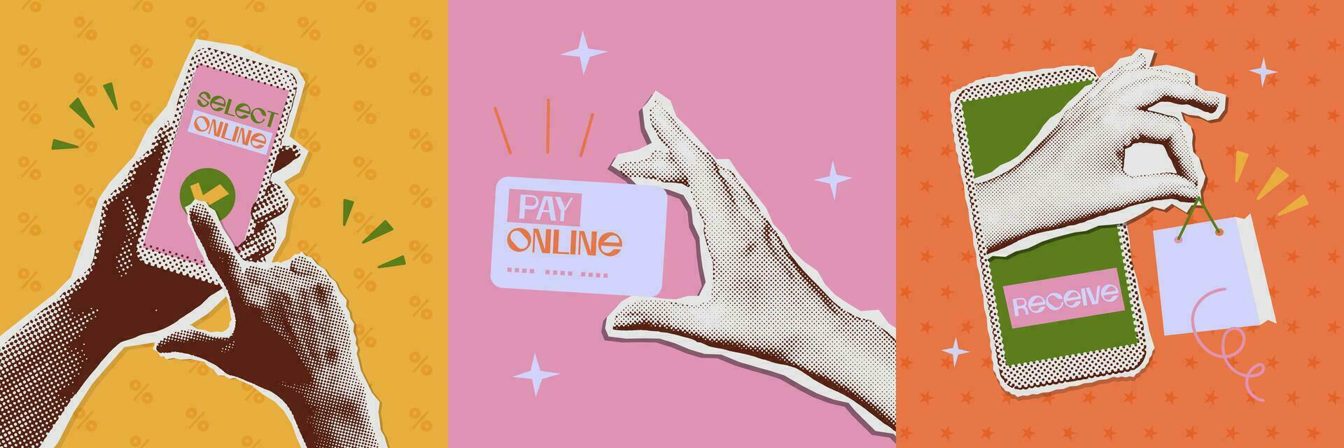 Online shopping and delivery banners set with retro halftone collage handy hands. 1990s mixed media stages of e-commerce. Vector illustration