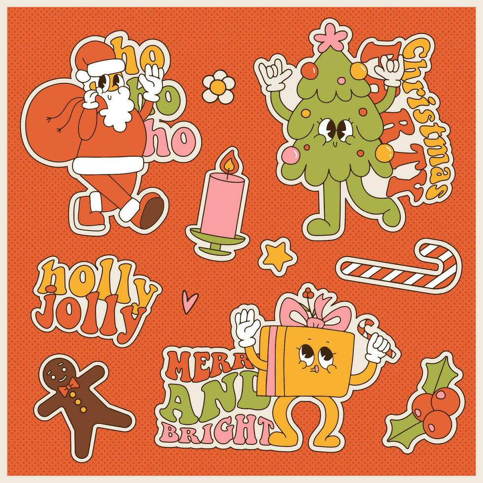 70s style Groovy hippie Christmas stickers set. Santa Claus, Christmas tree, gift box with funny quotes in trendy retro cartoon style. Cute comic mascots for holiday decoration. Vector illustration.