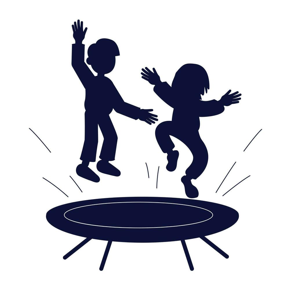 silueta de niños saltando en un trampolín. pequeño chico personaje. infancia y ocio vector