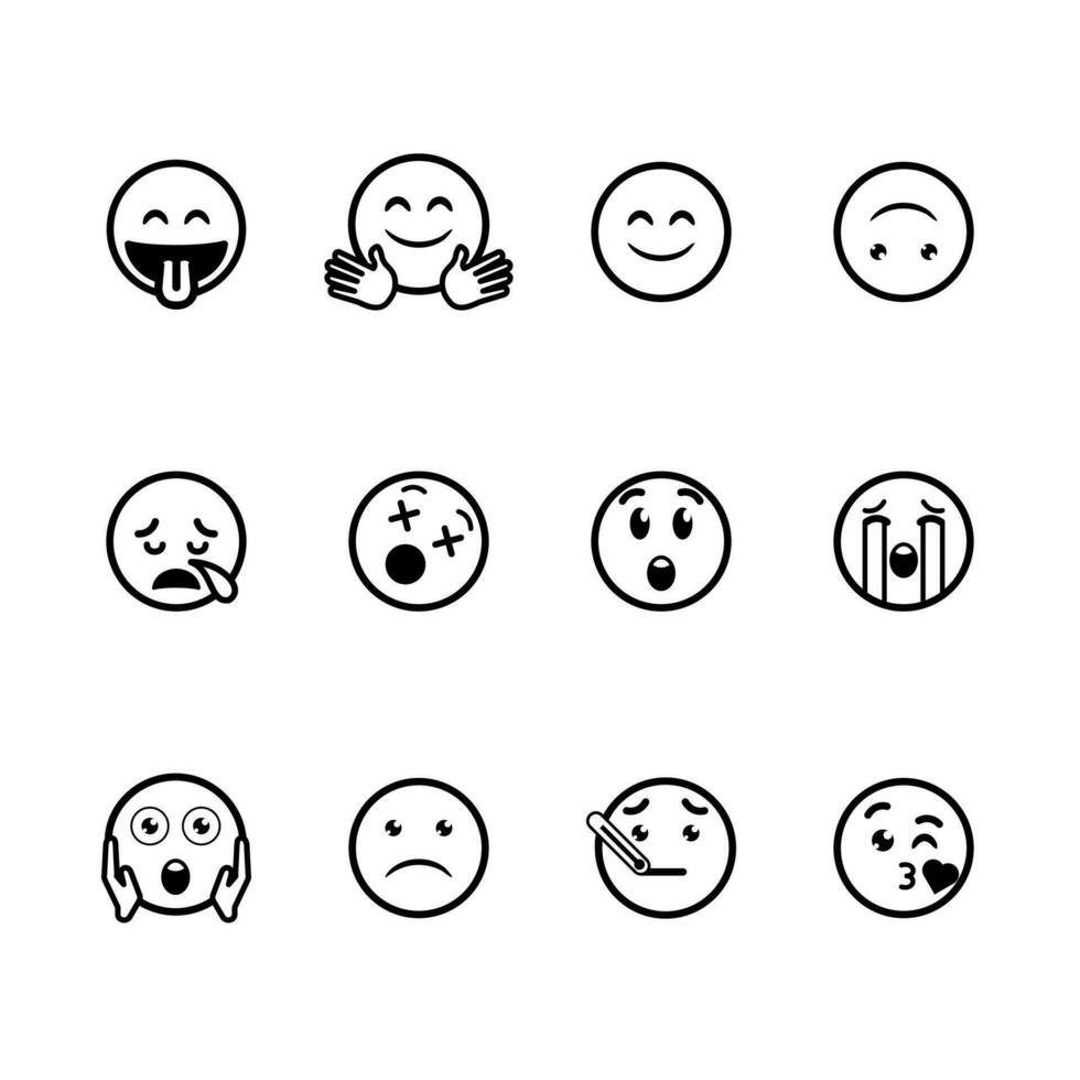 emoticon icono conjunto terminado blanco fondo, línea estilo, vector ilustración