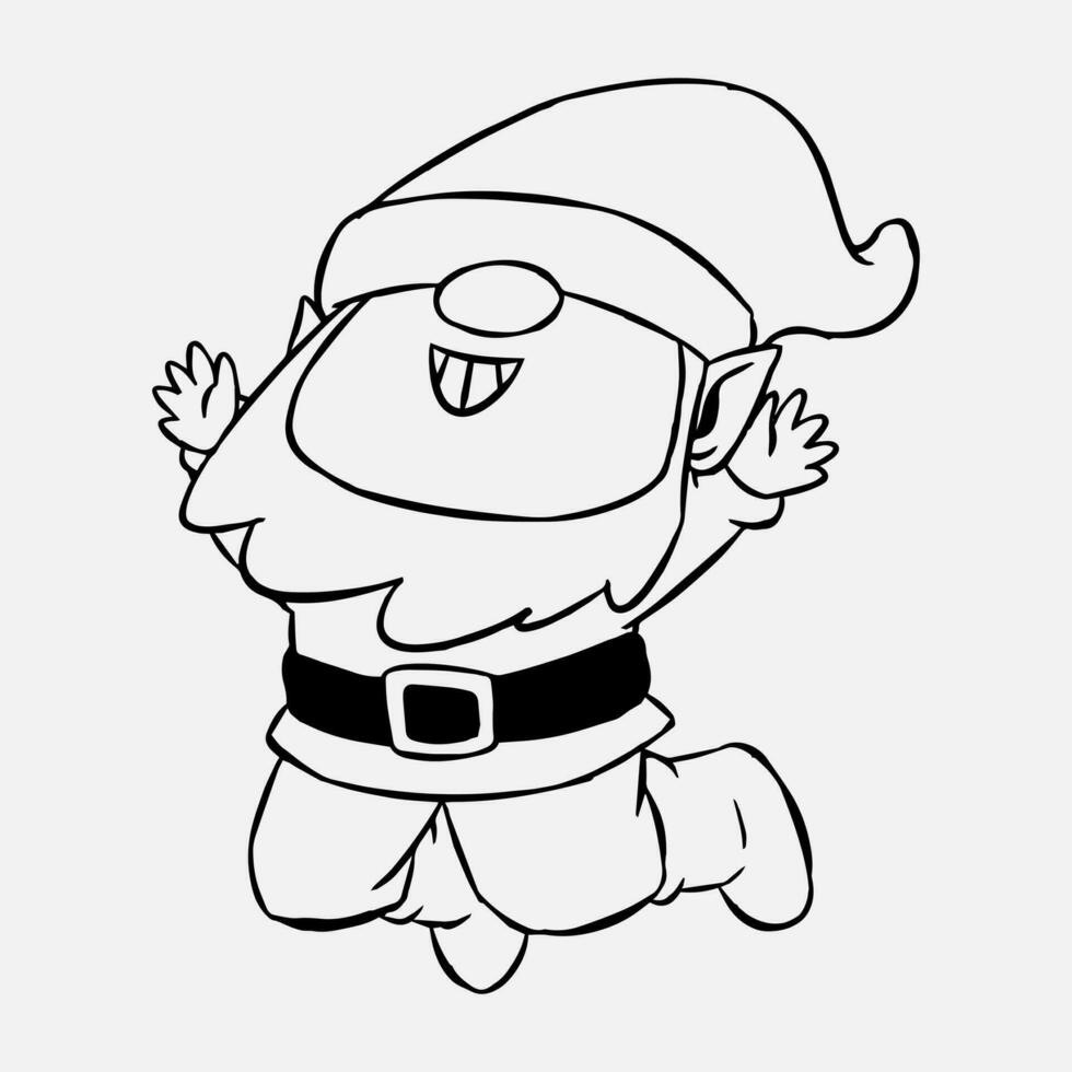 dwarf cartoon character with happy expression. gnome in a jumping pose. line art style. vector illustration.