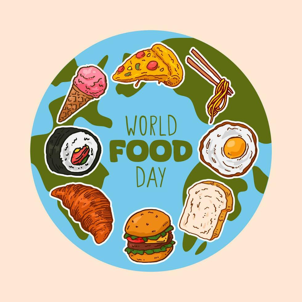 World Food Day with various foods in hand drawn style. Vector illustration.