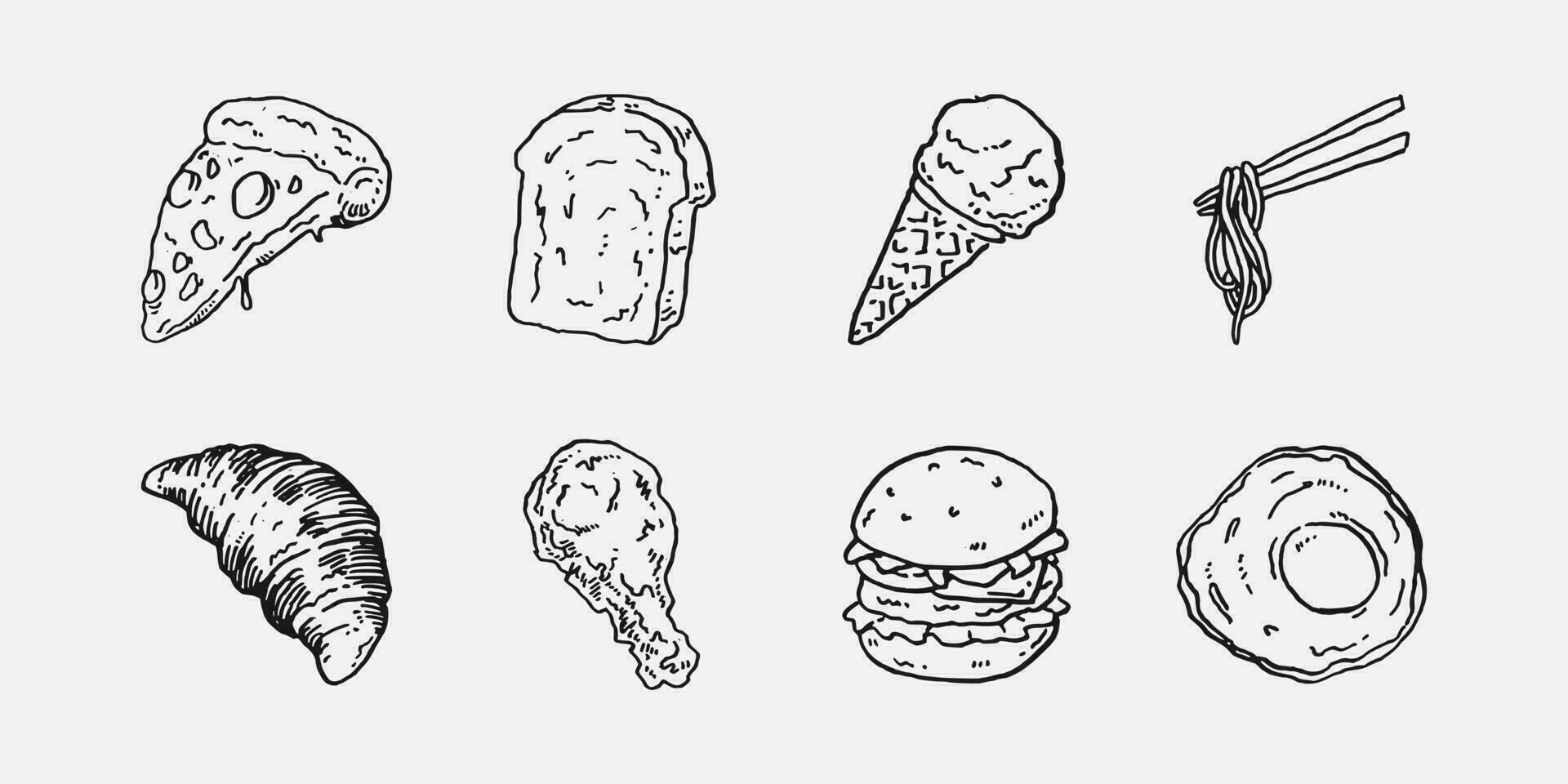 set bundle of various foods, including pizza, bread, ice cream, noodle, fried egg, fried chicken, burger and croissant in a hand-drawn style. vector illustration.