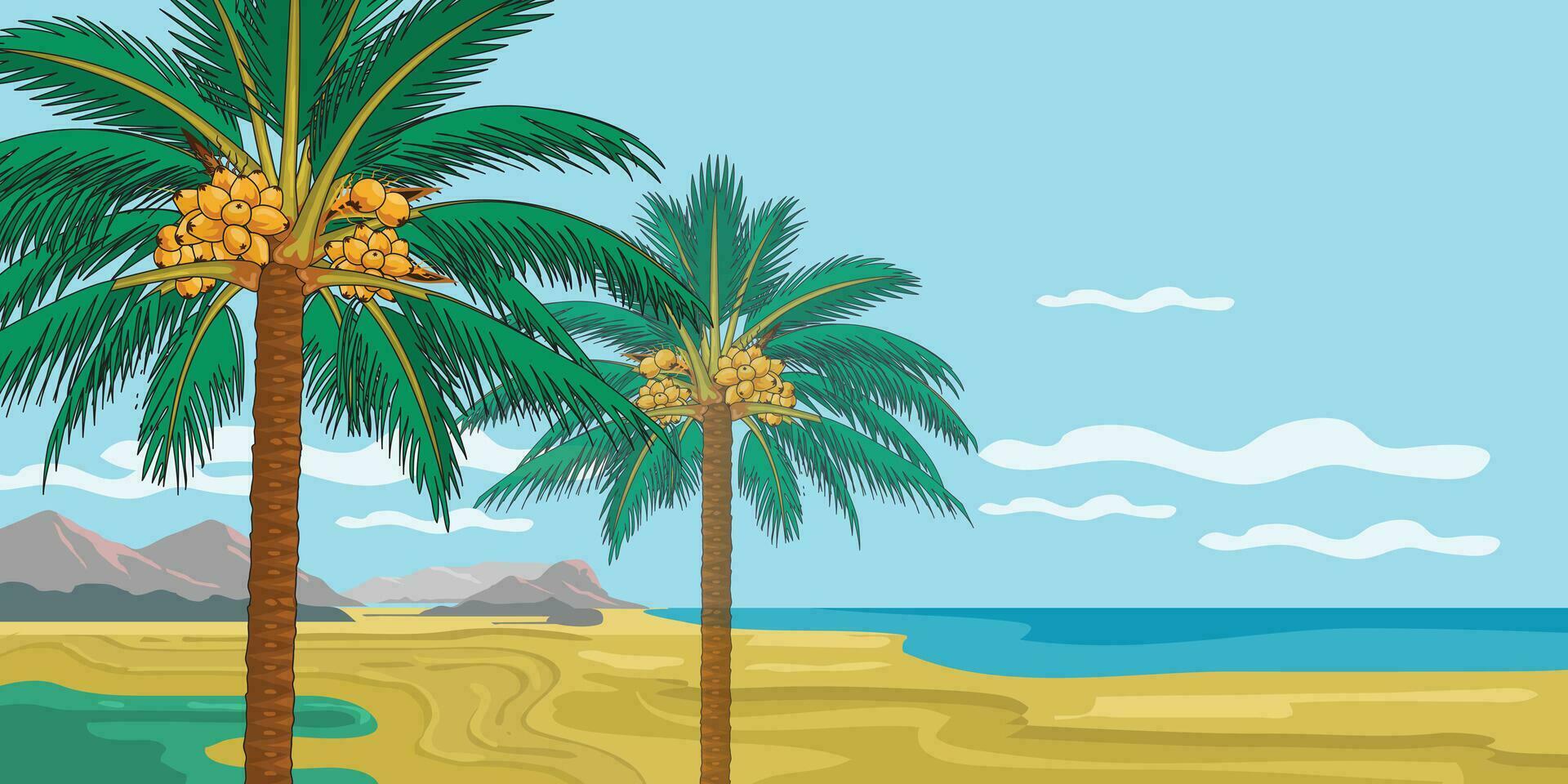 coconut trees in green color leaves beach blue background for background design. vector