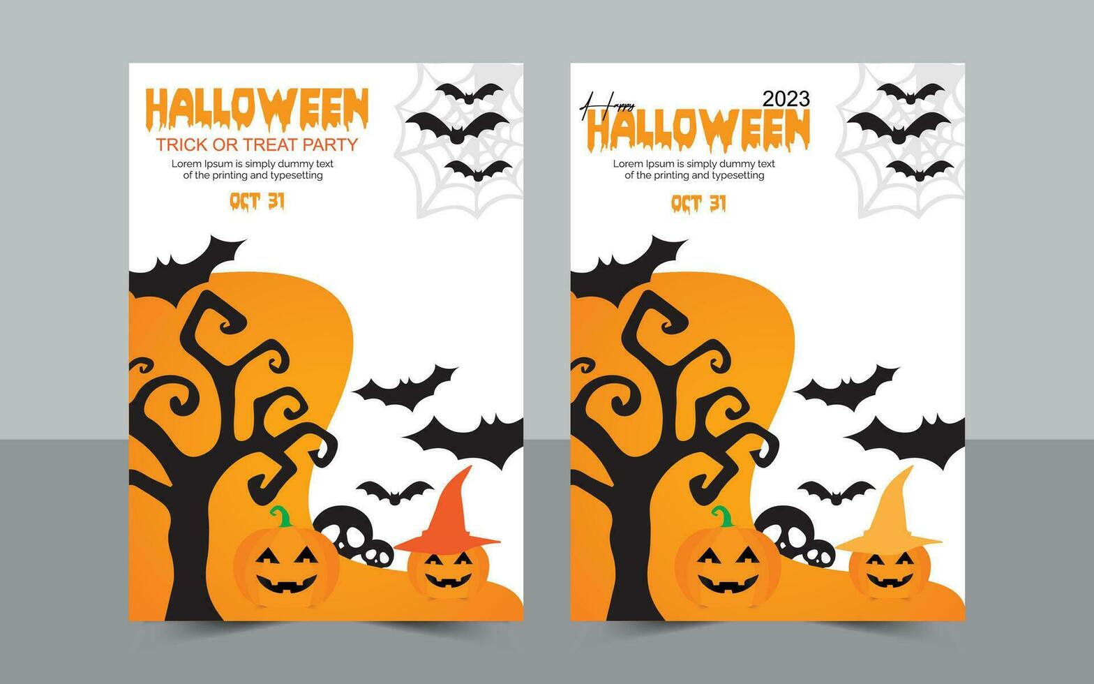 Halloween Banners Set. Vector Illustration. Flat Halloween Icons in Circles on Textured Backdrop. Trick or Treat Stickers. Halloween Party Invitation. Halloween Template.
