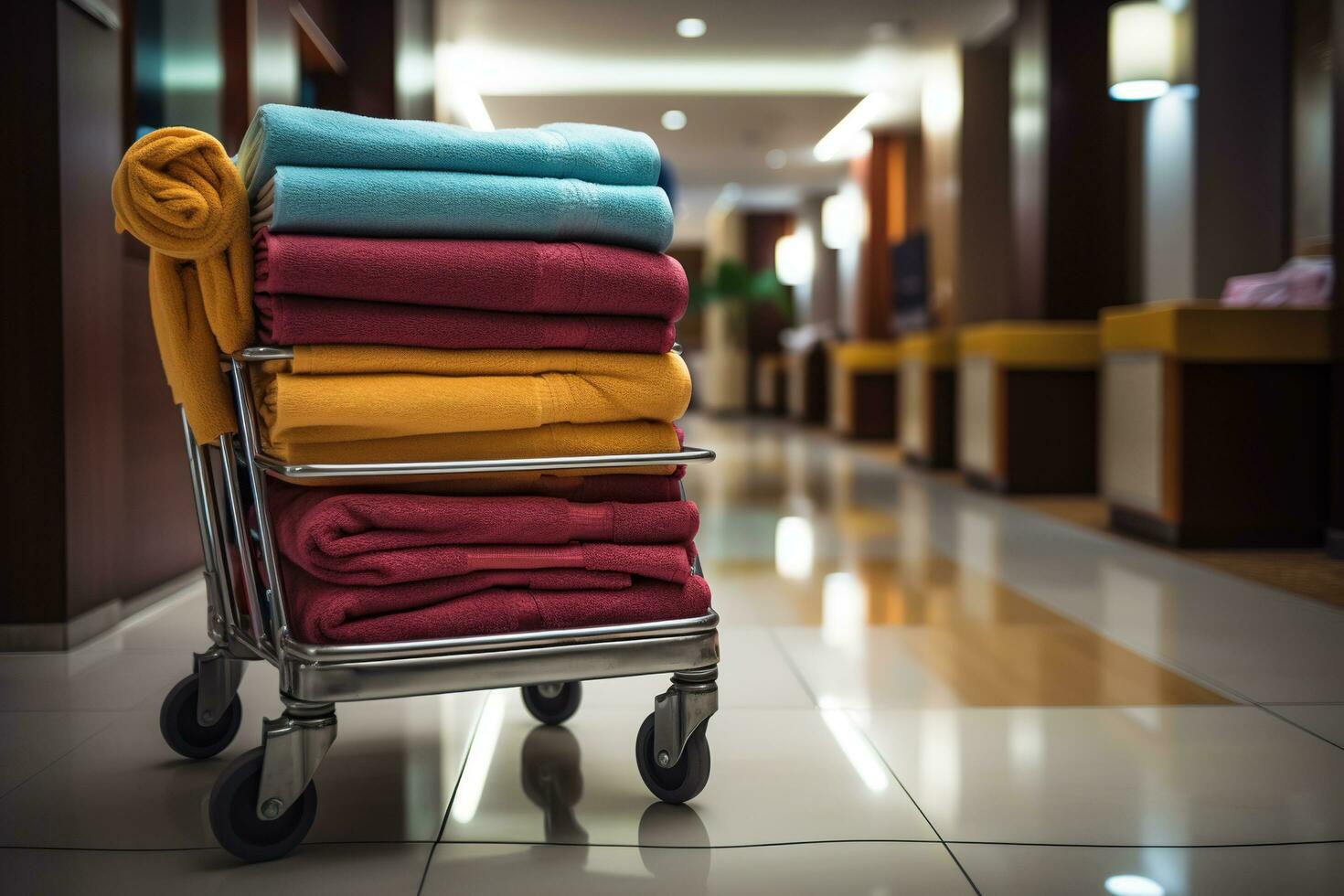 Hotel maid trolley, trolley with clean towels. Room cleaning concept. photo