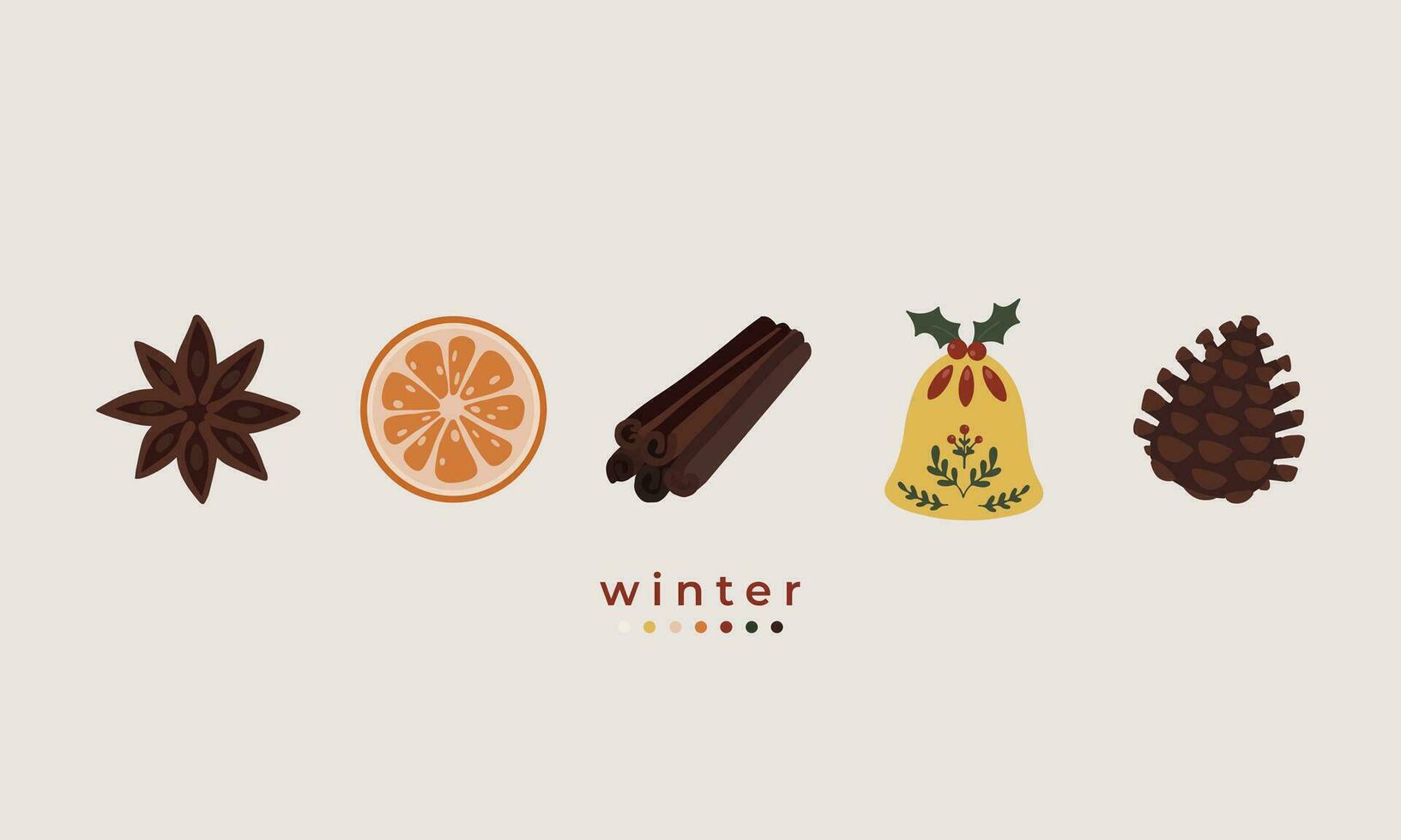 hand drawn illustration set of cute winter spices and decorative elements. star anise, orange, cinnamon, bell, pine. For winter poster, card, scrapbooking , tag, invitation, headboard vector