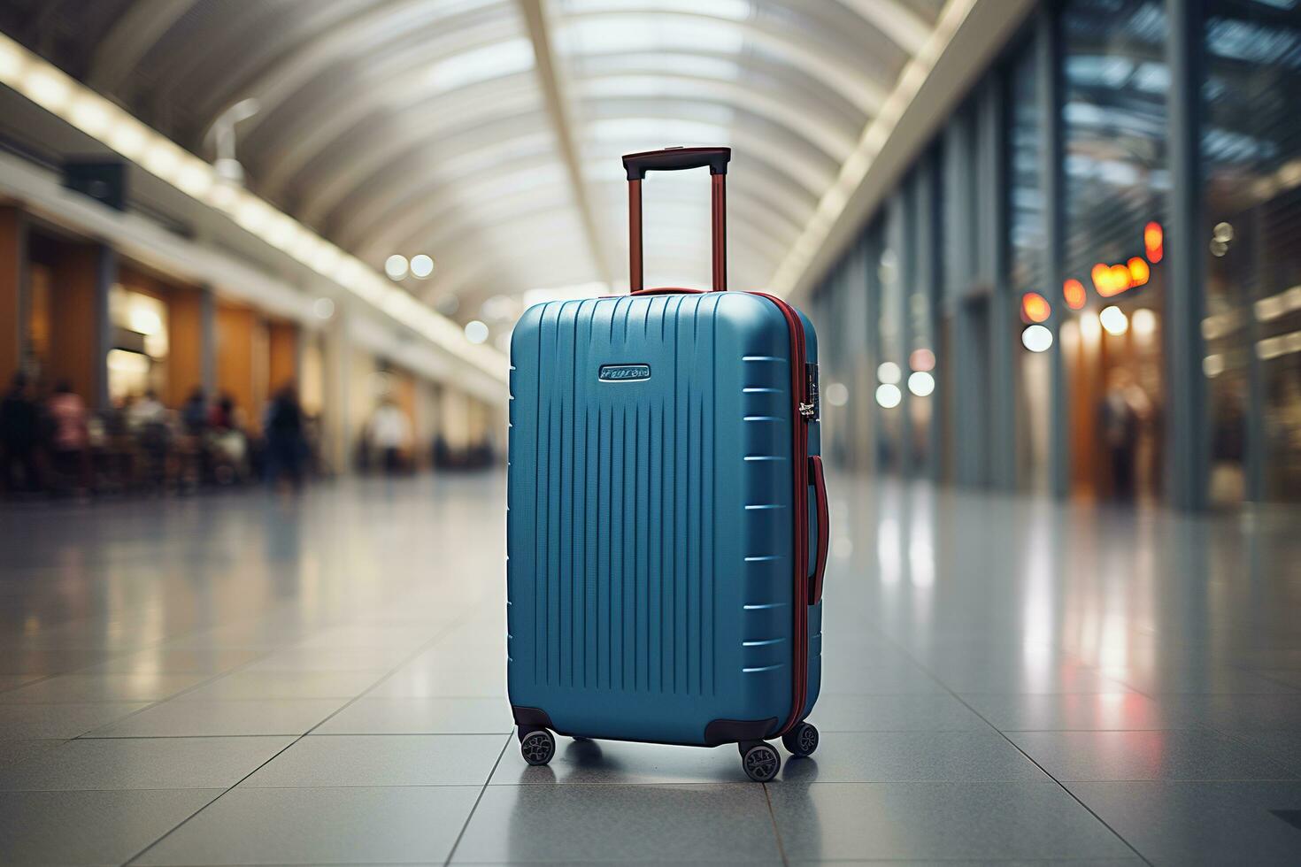 One stylish blue suitcase stands in an empty airport corridor. The concept of traveling by plane, vacation. Waiting for departure. photo