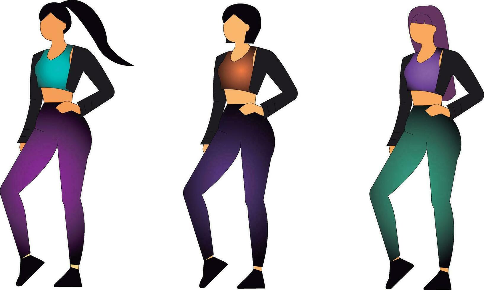 mujer en gimnasio ropa, aptitud en algunos Deportes ropa y pelo modelos, vector