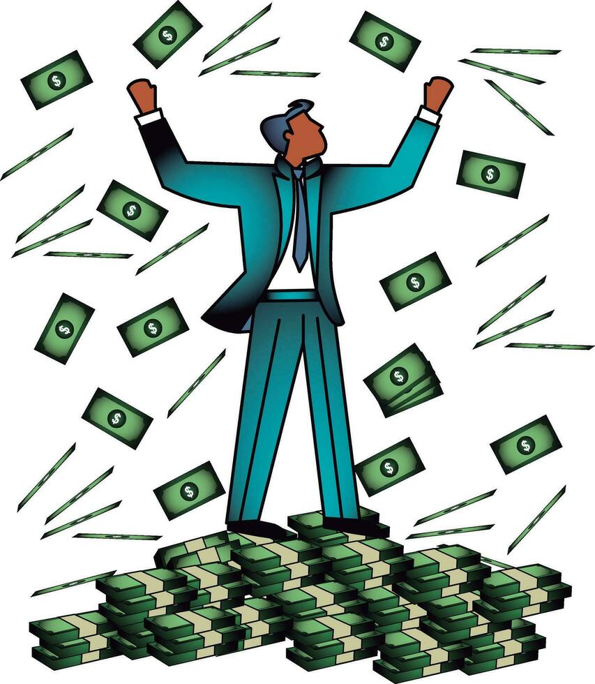 Businessman on a mountain of money, mountain made of money and with his hands raised to the sky, conqueror vector