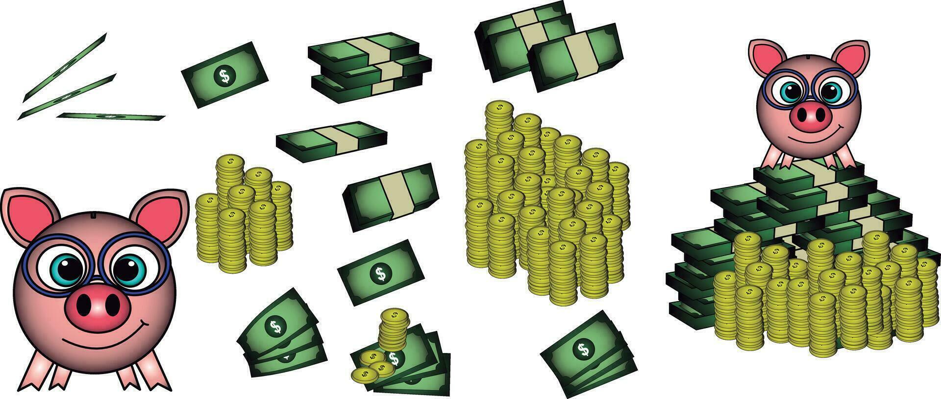 Coin storage pig and various variations of money, stacks of notes, stacks of coins vector