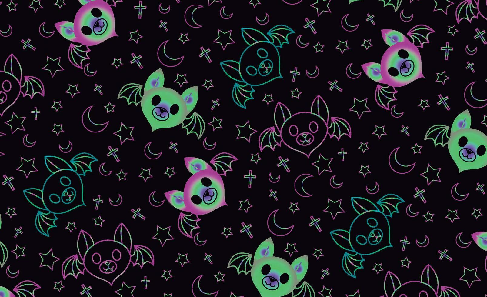 Dark monochrome cute bat, pattern with black background and some Stars, Cross and Moon vector
