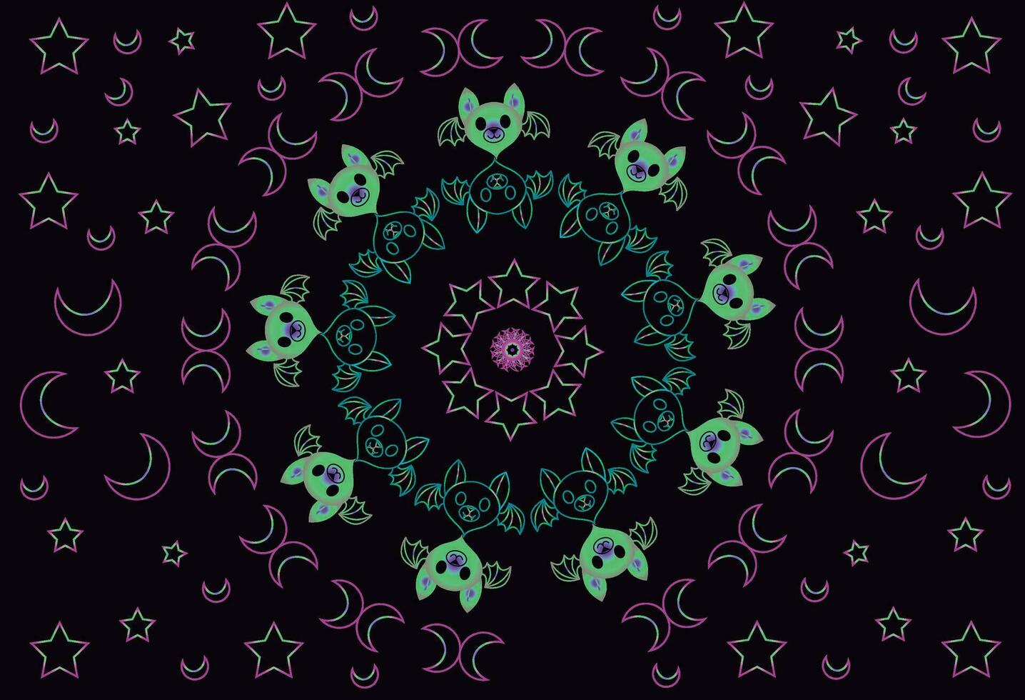 Dark monochrome cute bat mandala style, pattern with black background and some Stars, Cross and Moon vector