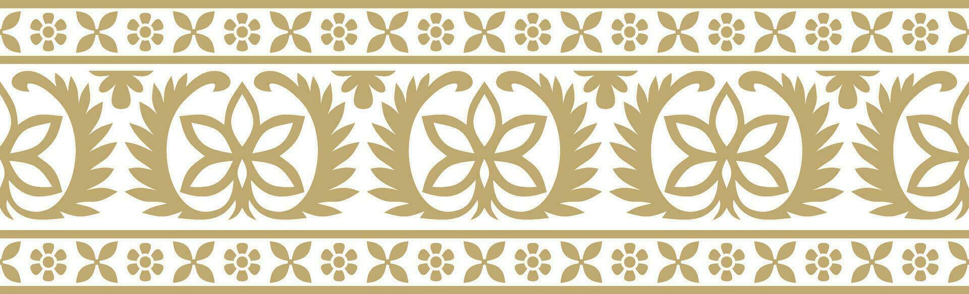 Vector seamless gold indian national ornament. Ethnic endless plant border. Flowers frame. Poppies and leaves