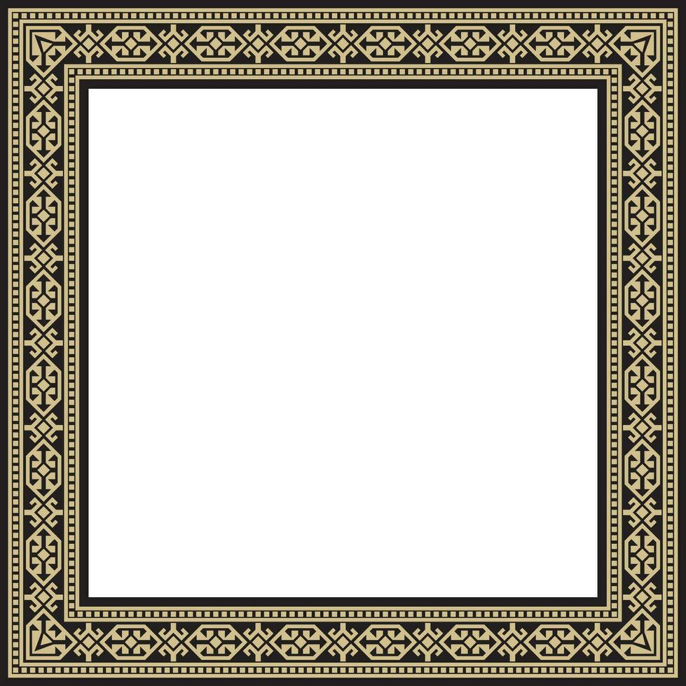 Vector golden with black Square Kazakh national ornament. Ethnic pattern of the peoples of the Great Steppe, .Mongols, Kyrgyz, Kalmyks, Buryats. Square frame border