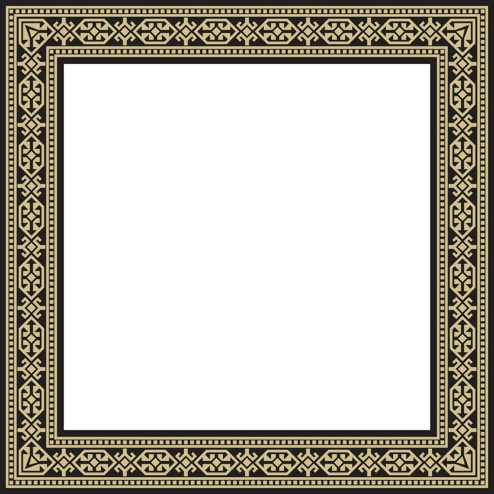 Vector golden with black Square Kazakh national ornament. Ethnic pattern of the peoples of the Great Steppe, .Mongols, Kyrgyz, Kalmyks, Buryats. Square frame border