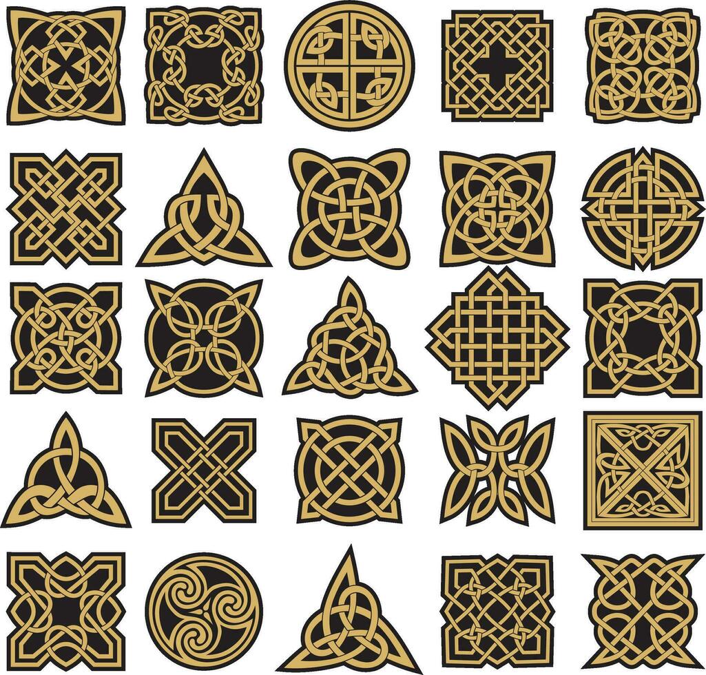 Vector set of golden celtic knots. Ornament of ancient European peoples. The sign and symbol of the Irish, Scots, Britons, Franks