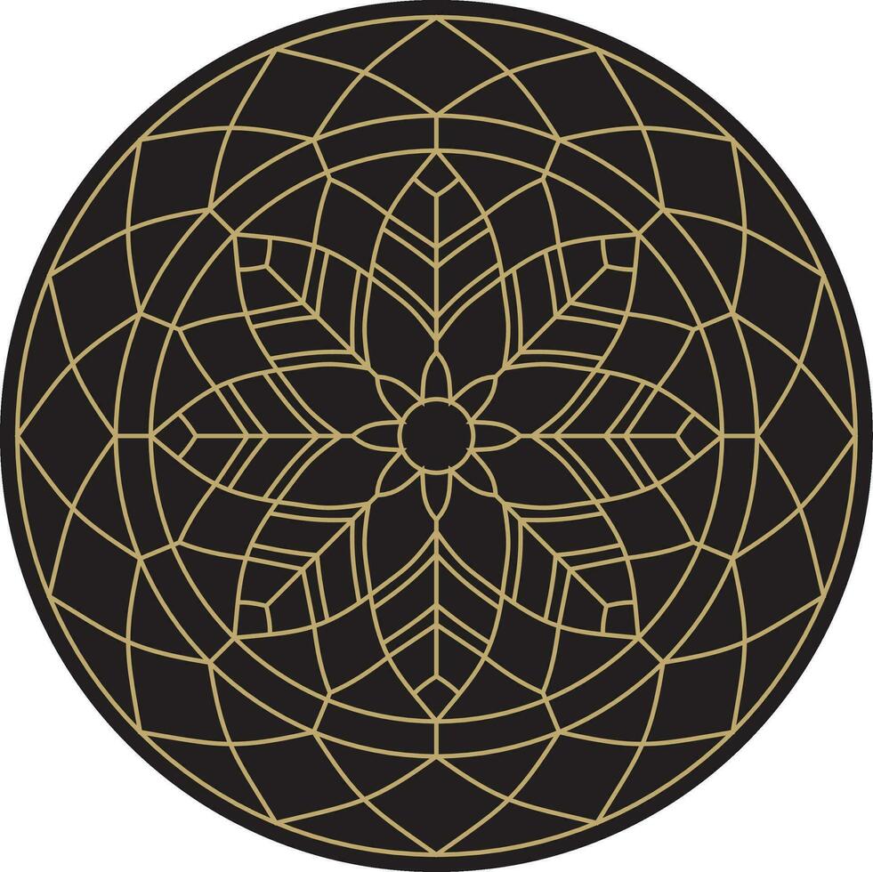 Vector black with gold outline round stained glass pattern for window or ceiling. Mosaic circle, geometric ornament. Sketchy flower