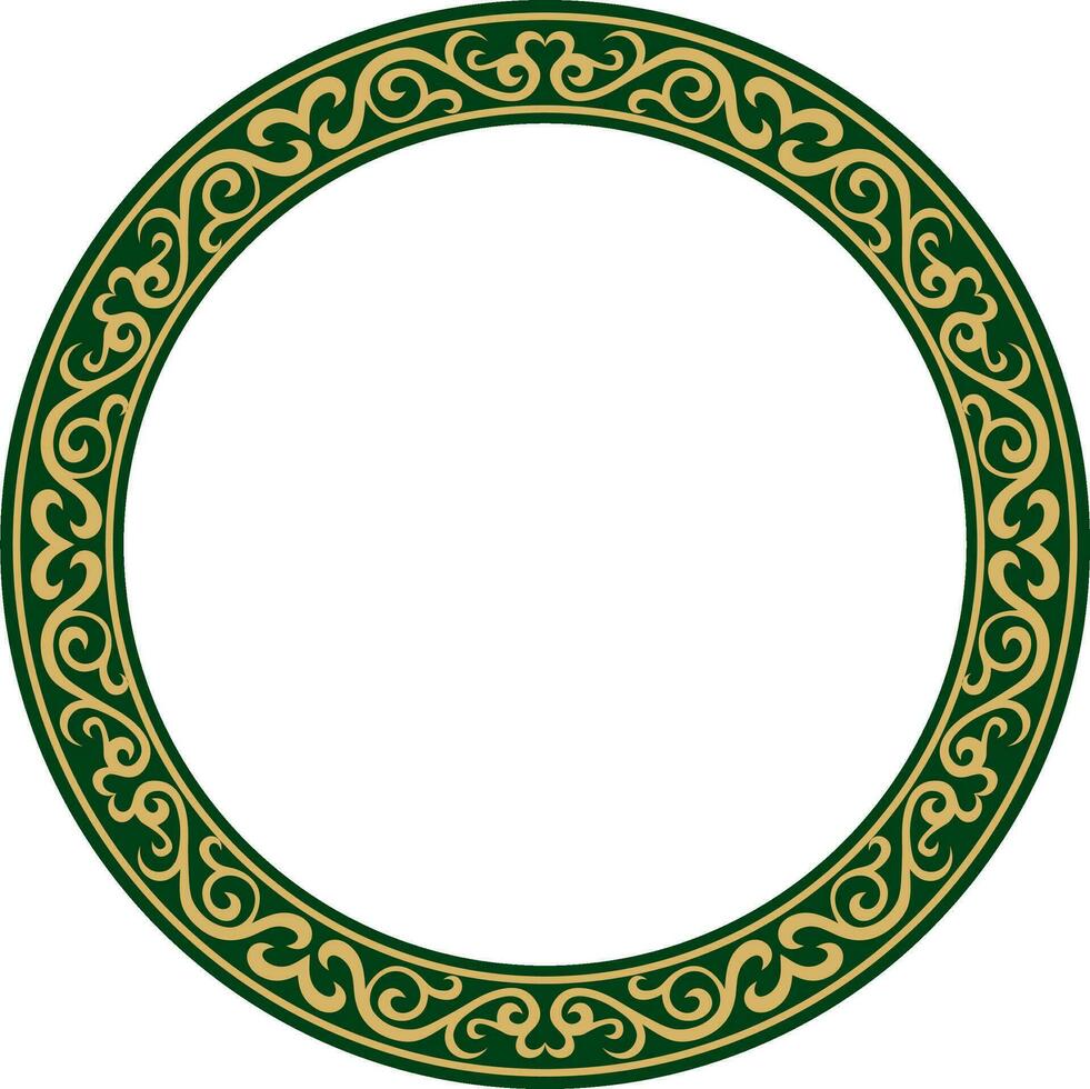Vector gold and green Kazakh national round pattern, frame. Ethnic ornament of the nomadic peoples of Asia, the Great Steppe, Kazakhs, Kirghiz, Kalmyks, Mongols, Buryats, Turkmens