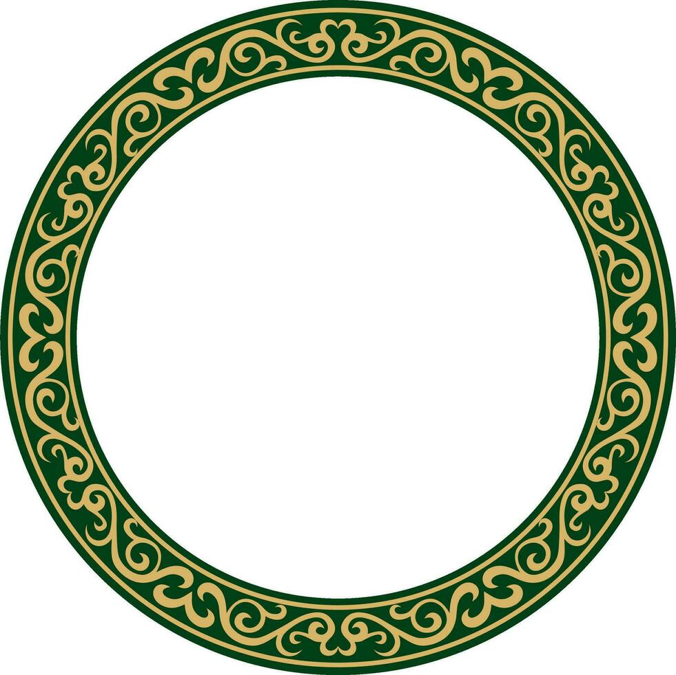 Vector gold and green Kazakh national round pattern, frame. Ethnic ornament of the nomadic peoples of Asia, the Great Steppe, Kazakhs, Kirghiz, Kalmyks, Mongols, Buryats, Turkmens