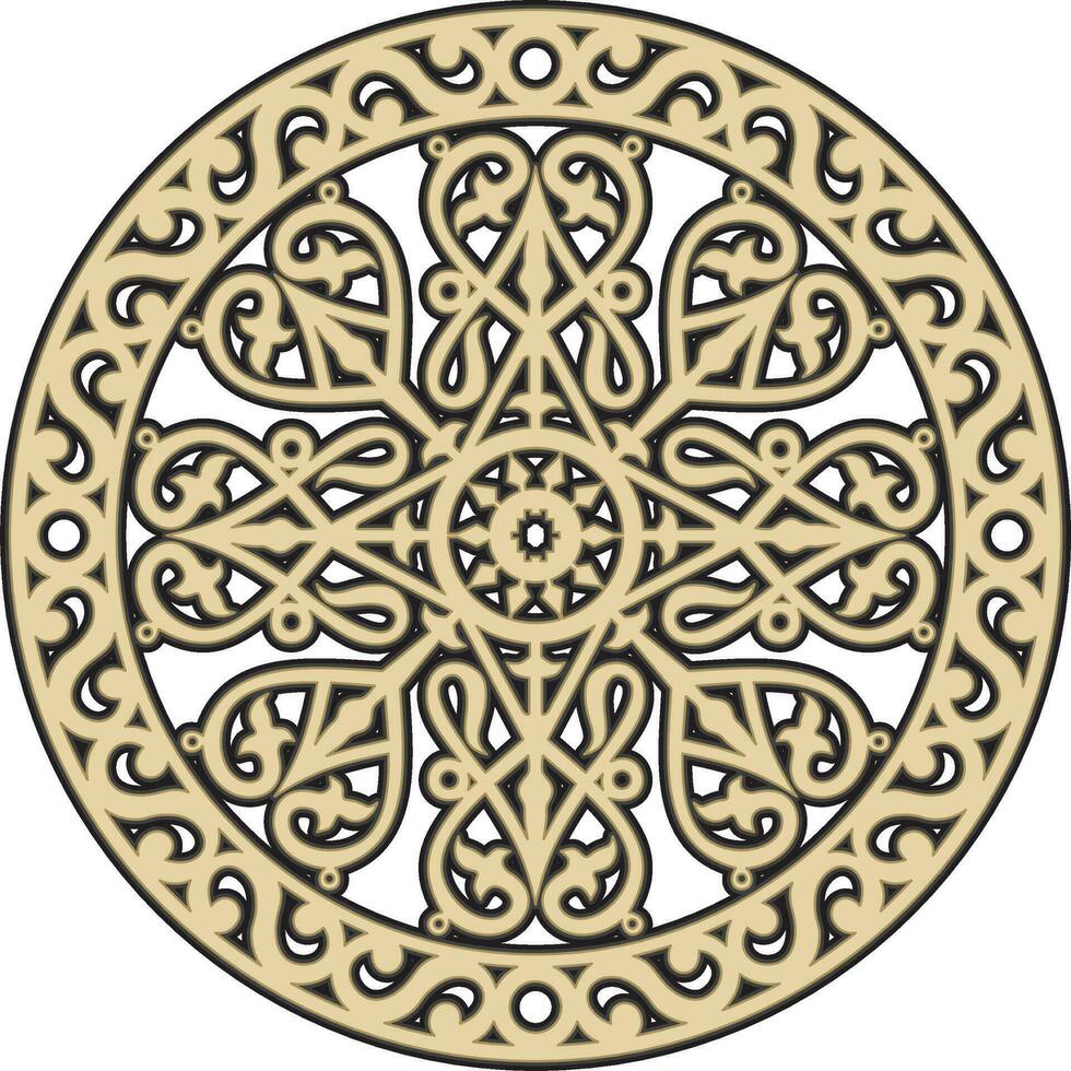 Vector golden round Yakut ornament. Northern circle. Patterns of the peoples of the tundra. Asian border in a circle.