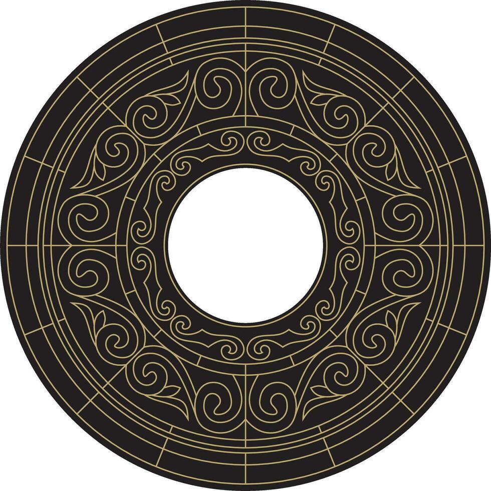 Vector outline stained glass window, Kazakh ornament. Drawing of nomads on glass. Template for a round ceiling with a chandelier in the middle