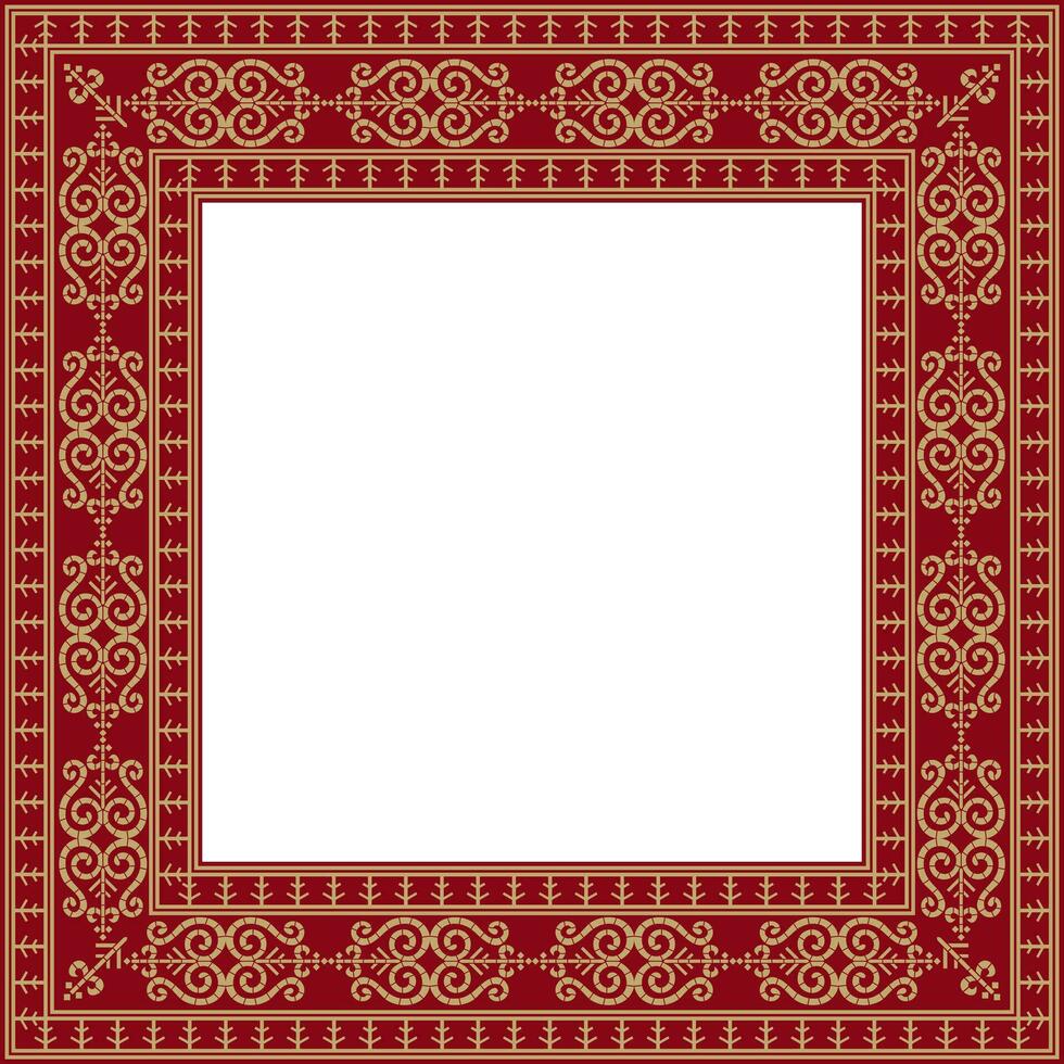 Vector gold and red square Yakut ornament. Infinite rectangle, border, frame of the northern peoples of the Far East
