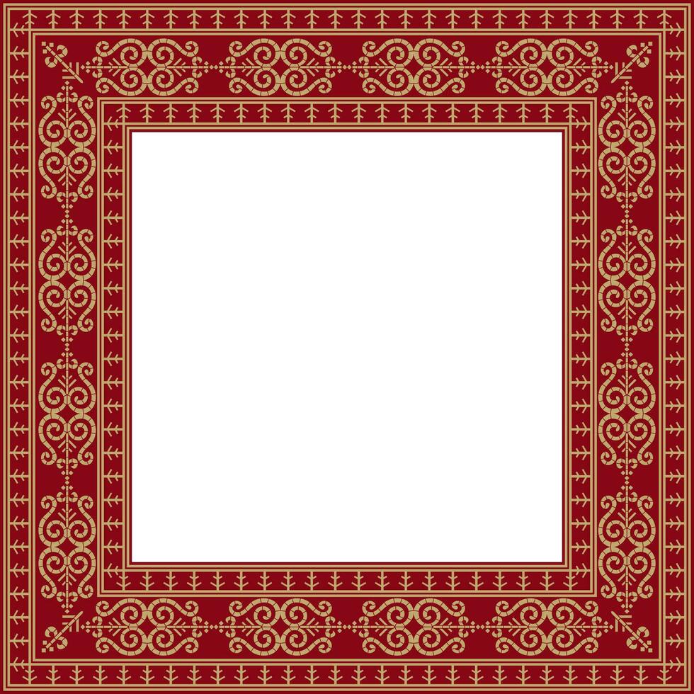 Vector gold and red square Yakut ornament. Infinite rectangle, border, frame of the northern peoples of the Far East