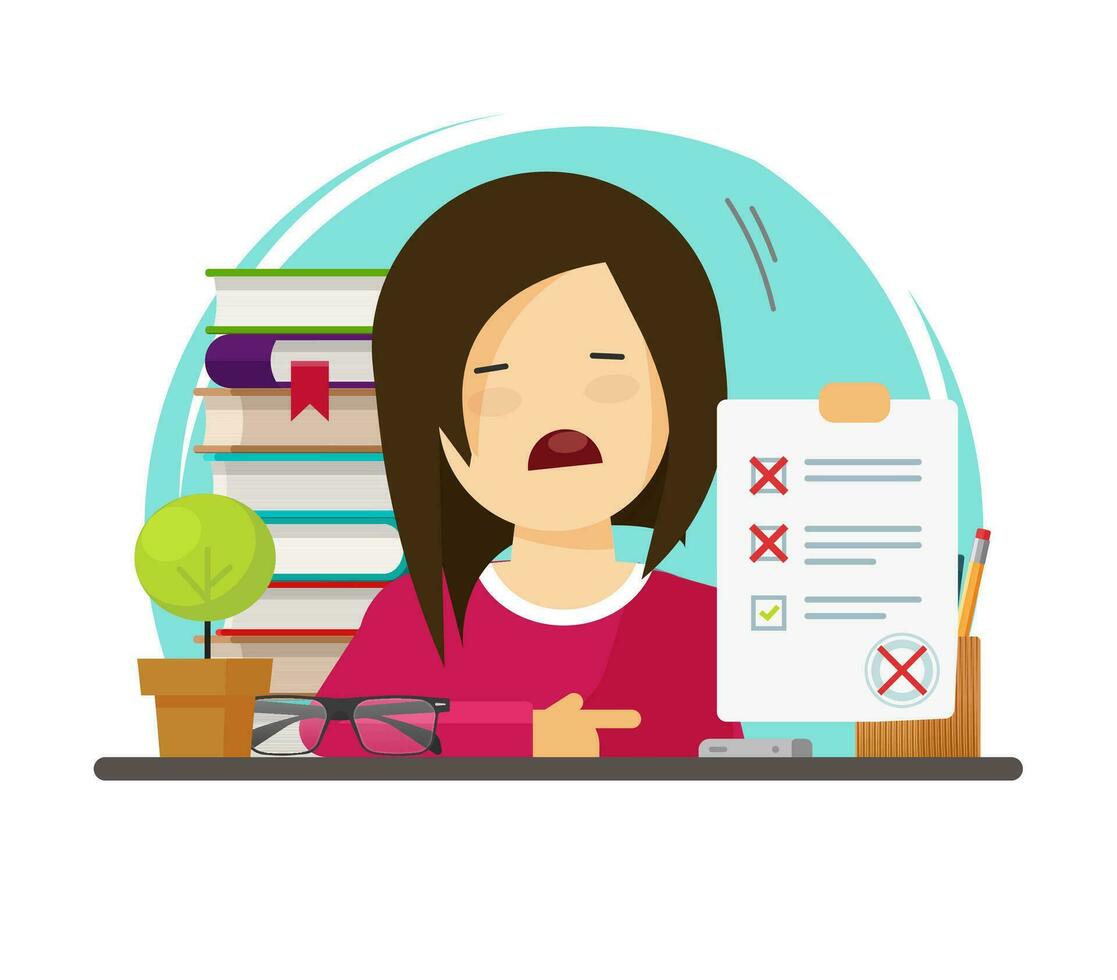 Failed exam or bad test results vector illustration, flat cartoon unhappy pupil or student stressed woman or girl not passed examination, disappointed person with study mark image