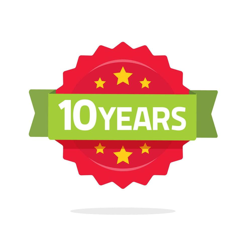 10 años aniversario logo modelo con verde cinta y número, plano dibujos animados 10 aniversario icono etiqueta, diez año cumpleaños fiesta símbolo rosetón o sello aislado en blanco vector