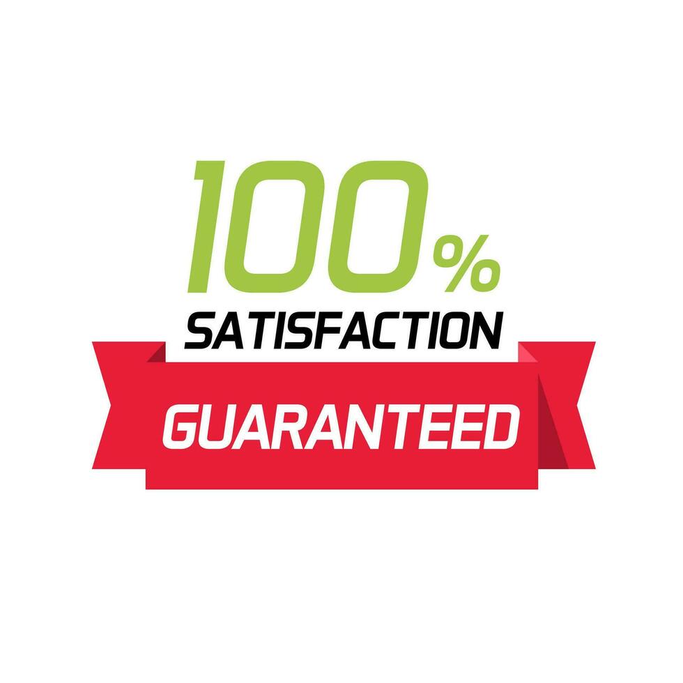 Satisfaction guarantee 100 percent vector label or badge, flat cartoon 100 quality symbol or emblem with red ribbon isolated on white clipart