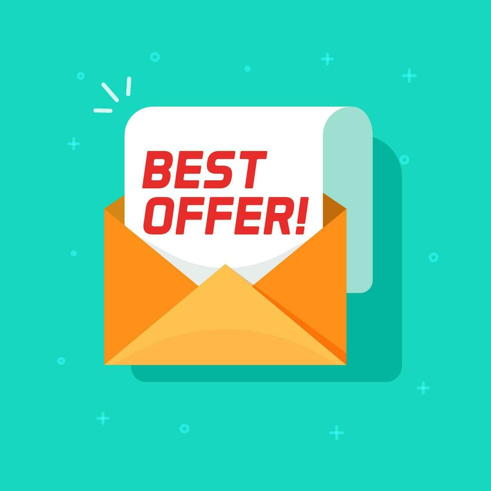 Best offer email message vector icon, flat cartoon open envelope with sale promotion text symbol isolated image