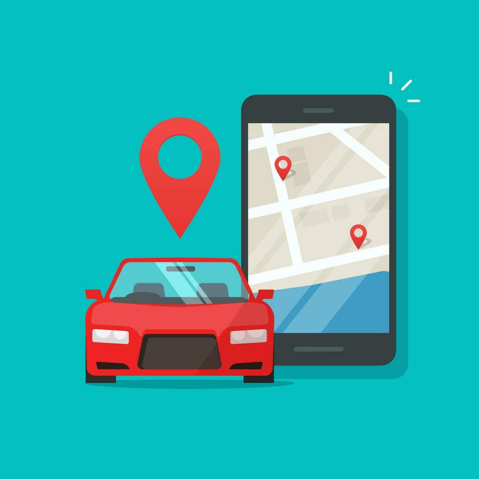Urban transport as automobile vehicle sharing app on cellphone or mobile phone vector illustration, flat cartoon smartphone and city map and pin pointers with cars rent locations, internet taxi