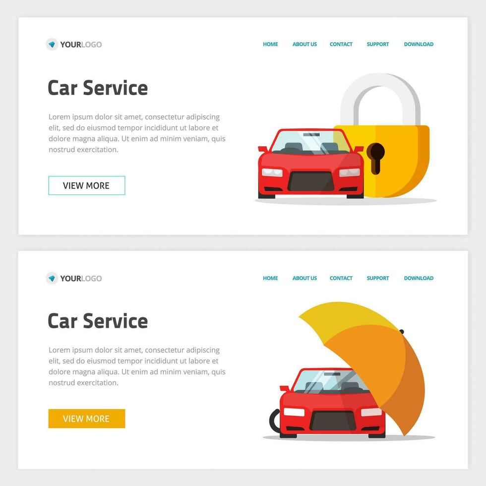 Car insurance or automobile protection service website template design vector layout or mockup, flat cartoon web site landing page and vehicle protected with lock shield or umbrella security banner
