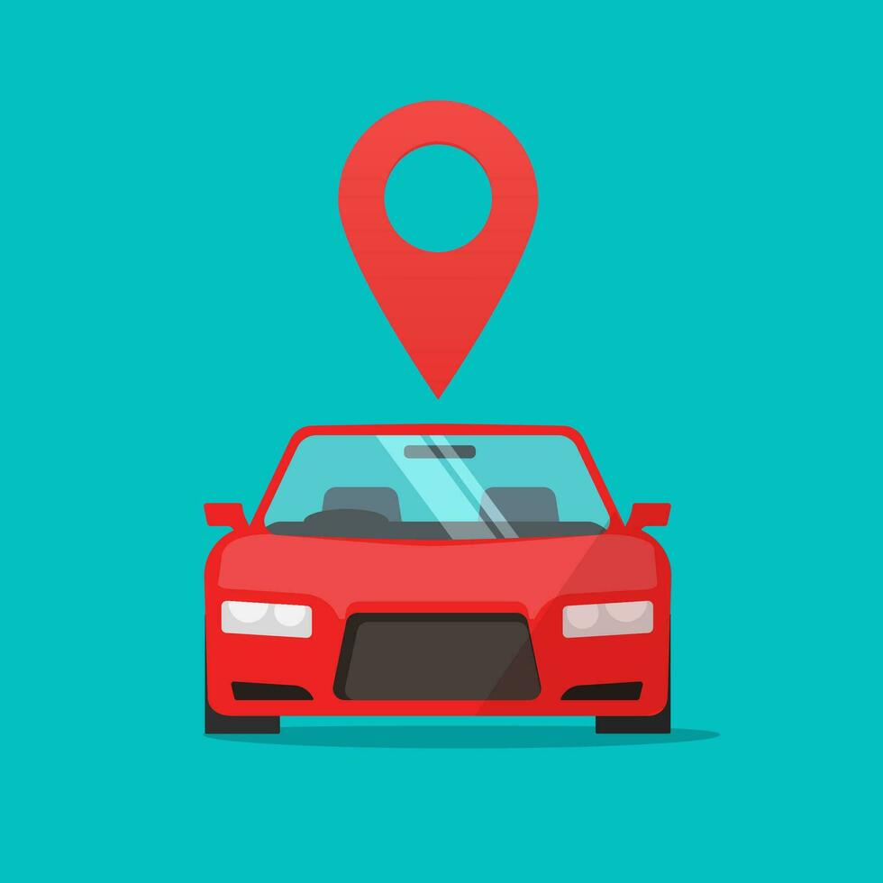 automóvil con mapa puntero vector firmar, plano dibujos animados coche o auto con ubicación alfiler, concepto de alquilar sitio o en línea vehículo posición clipart