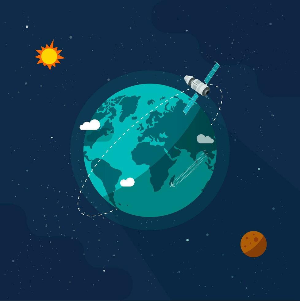 Earth in outer space vector illustration, flat cartoon satellite space ship flying around planet world on solar system universe, moon, stars, orbit station flight in cosmos or universe image