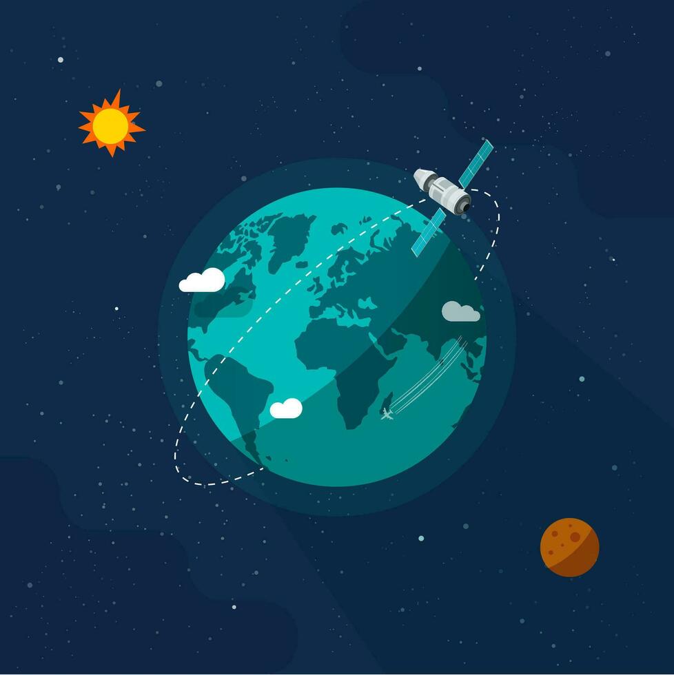 tierra en exterior espacio vector ilustración, plano dibujos animados satélite espacio Embarcacion volador alrededor planeta mundo en solar sistema universo, luna, estrellas, orbita estación vuelo en cosmos o universo imagen